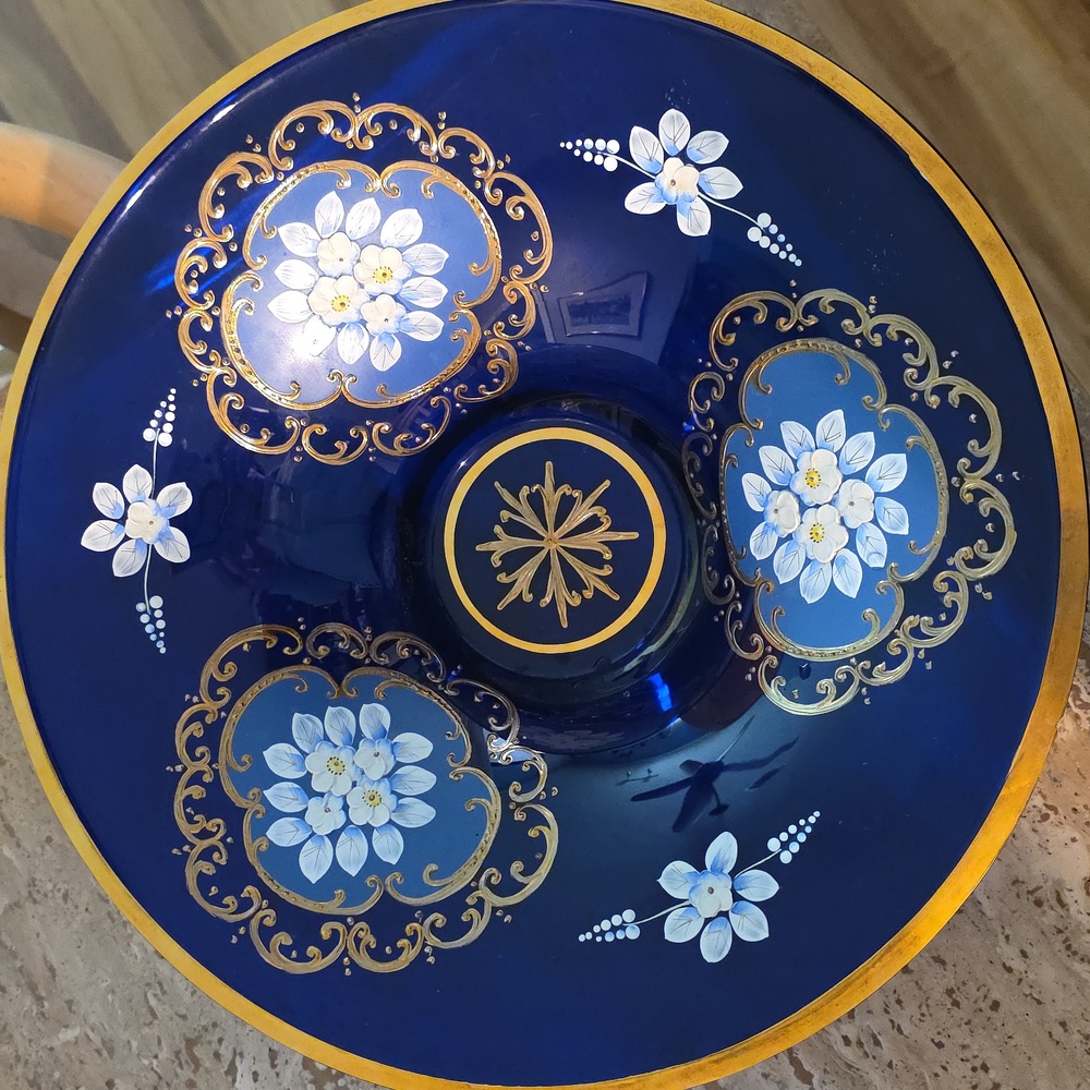 Antique Italy Cobalt Blue bowl Embossed Handpainted applied flowers Guilt FINAL$